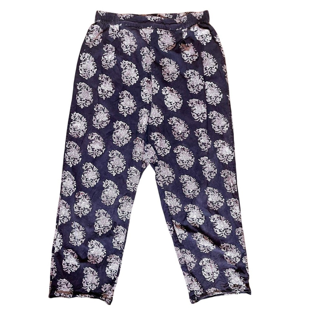 Anokhi Vintage Cotton Block Print Lounge Pants Elastic Waist Brown Floral Small